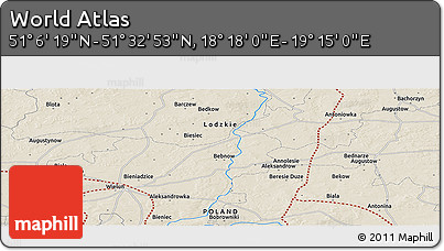 Shaded Relief Panoramic Map of the Area around 51° 19' 36" N, 18° 46' 29" E