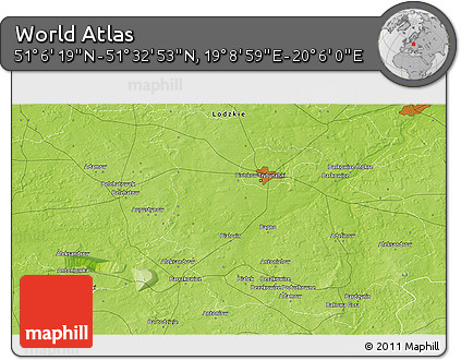 Physical 3D Map of the Area around 51° 19' 36" N, 19° 37' 30" E