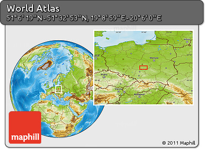 Physical Location Map of the Area around 51° 19' 36" N, 19° 37' 30" E