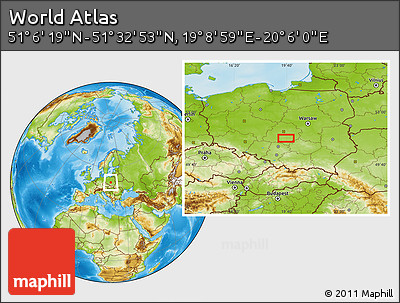 Physical Location Map of the Area around 51° 19' 36" N, 19° 37' 30" E