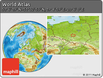 Physical Location Map of the Area around 51° 19' 36" N, 19° 37' 30" E