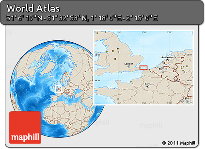 Shaded Relief Location Map of the Area around 51° 19' 36" N, 1° 46' 29" E