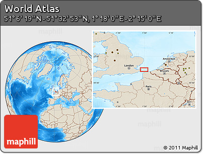 Shaded Relief Location Map of the Area around 51° 19' 36" N, 1° 46' 29" E