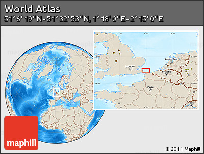 Shaded Relief Location Map of the Area around 51° 19' 36" N, 1° 46' 29" E