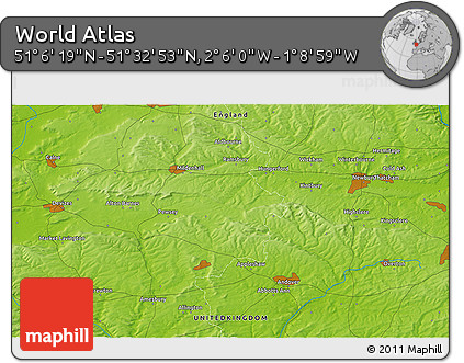 Physical 3D Map of the Area around 51° 19' 36" N, 1° 37' 30" W