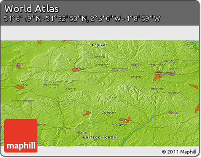 Physical 3D Map of the Area around 51° 19' 36" N, 1° 37' 30" W