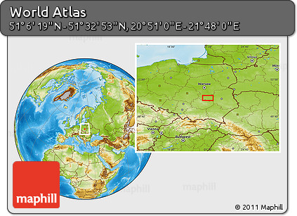 Physical Location Map of the Area around 51° 19' 36" N, 21° 19' 30" E