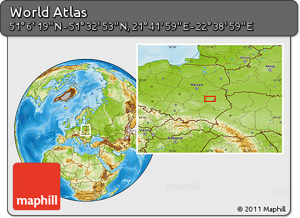 Physical Location Map of the Area around 51° 19' 36" N, 22° 10' 29" E