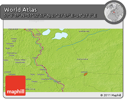 Physical 3D Map of the Area around 51° 19' 36" N, 23° 52' 30" E