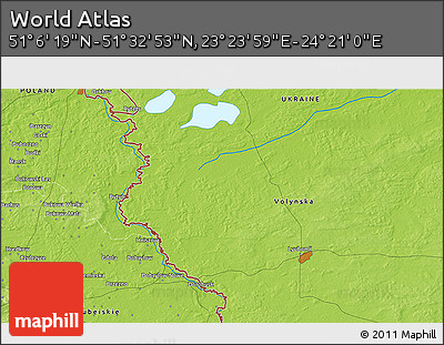 Physical 3D Map of the Area around 51° 19' 36" N, 23° 52' 30" E