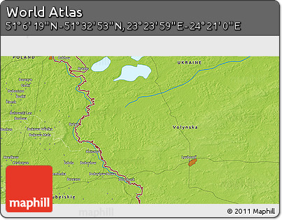 Physical 3D Map of the Area around 51° 19' 36" N, 23° 52' 30" E