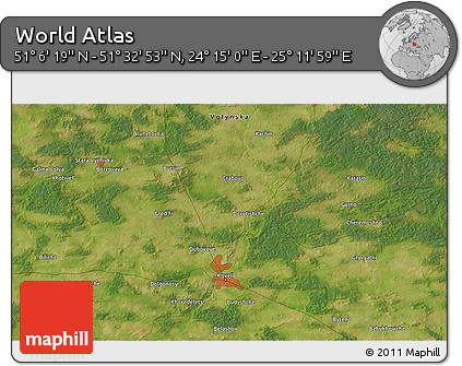 Satellite 3D Map of the Area around 51° 19' 36" N, 24° 43' 30" E