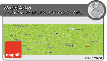Physical Panoramic Map of the Area around 51° 19' 36" N, 25° 34' 30" E