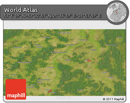 Satellite 3D Map of the Area around 51° 19' 36" N, 26° 25' 29" E