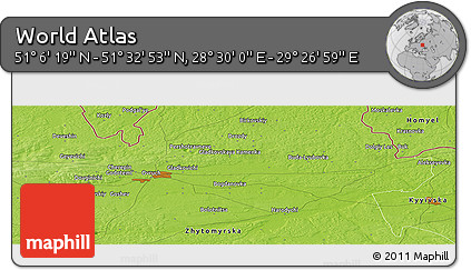 Physical Panoramic Map of the Area around 51° 19' 36" N, 28° 58' 30" E