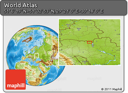 Physical Location Map of the Area around 51° 19' 36" N, 29° 49' 30" E