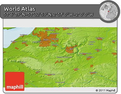 Physical 3D Map of the Area around 51° 19' 36" N, 2° 28' 30" W