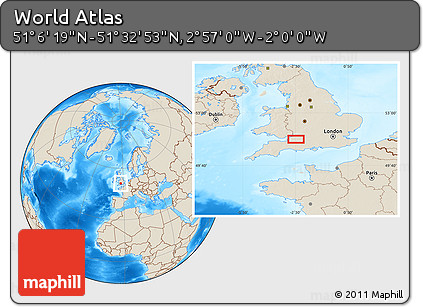 Shaded Relief Location Map of the Area around 51° 19' 36" N, 2° 28' 30" W