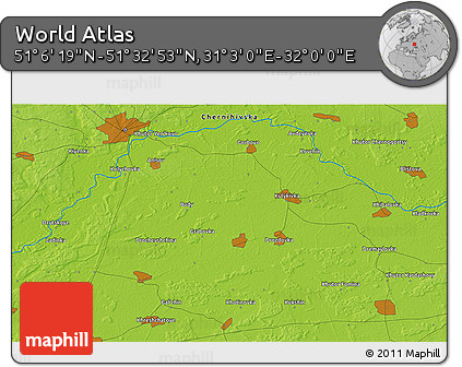 Physical 3D Map of the Area around 51° 19' 36" N, 31° 31' 29" E