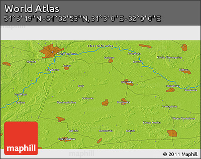Physical 3D Map of the Area around 51° 19' 36" N, 31° 31' 29" E