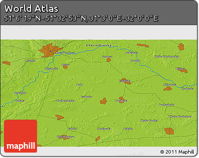 Physical 3D Map of the Area around 51° 19' 36" N, 31° 31' 29" E