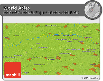 Physical 3D Map of the Area around 51° 19' 36" N, 32° 22' 30" E