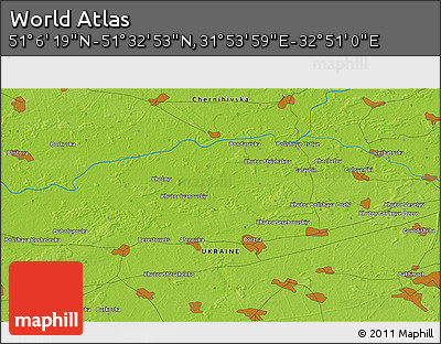 Physical 3D Map of the Area around 51° 19' 36" N, 32° 22' 30" E