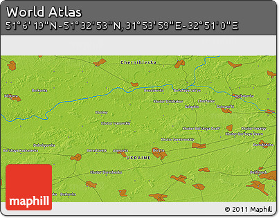 Physical 3D Map of the Area around 51° 19' 36" N, 32° 22' 30" E