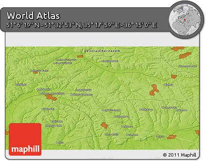 Physical 3D Map of the Area around 51° 19' 36" N, 35° 46' 29" E