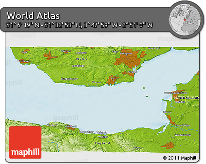 Physical 3D Map of the Area around 51° 19' 36" N, 3° 19' 30" W