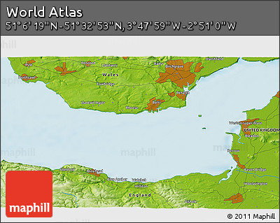 Physical 3D Map of the Area around 51° 19' 36" N, 3° 19' 30" W