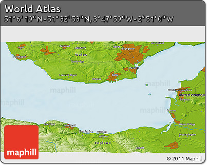Physical 3D Map of the Area around 51° 19' 36" N, 3° 19' 30" W