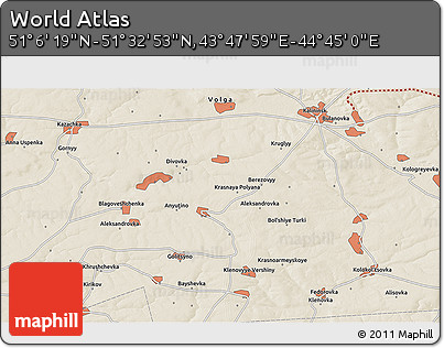 Shaded Relief 3D Map of the Area around 51° 19' 36" N, 44° 16' 29" E