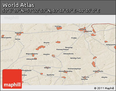 Shaded Relief 3D Map of the Area around 51° 19' 36" N, 44° 16' 29" E