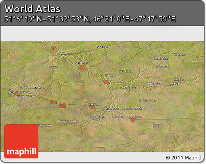 Satellite 3D Map of the Area around 51° 19' 36" N, 46° 49' 30" E