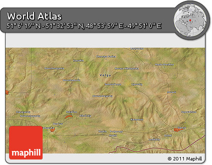 Satellite 3D Map of the Area around 51° 19' 36" N, 49° 22' 30" E