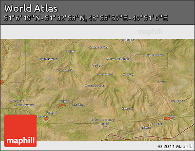 Satellite 3D Map of the Area around 51° 19' 36" N, 49° 22' 30" E