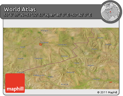 Satellite 3D Map of the Area around 51° 19' 36" N, 50° 13' 30" E