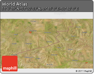 Satellite 3D Map of the Area around 51° 19' 36" N, 50° 13' 30" E