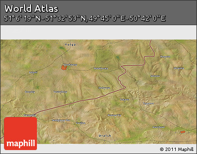 Satellite 3D Map of the Area around 51° 19' 36" N, 50° 13' 30" E