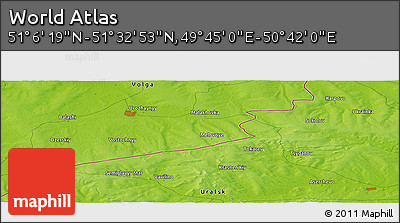 Physical Panoramic Map of the Area around 51° 19' 36" N, 50° 13' 30" E
