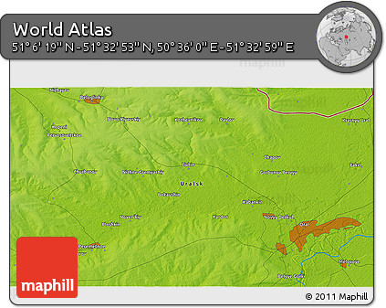 Physical 3D Map of the Area around 51° 19' 36" N, 51° 4' 30" E