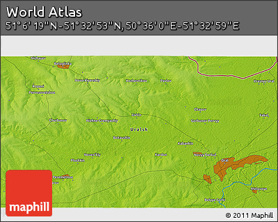 Physical 3D Map of the Area around 51° 19' 36" N, 51° 4' 30" E