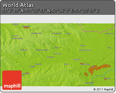 Physical 3D Map of the Area around 51° 19' 36" N, 51° 4' 30" E