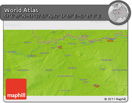 Physical 3D Map of the Area around 51° 19' 36" N, 52° 46' 29" E