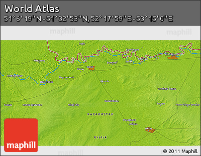 Physical 3D Map of the Area around 51° 19' 36" N, 52° 46' 29" E