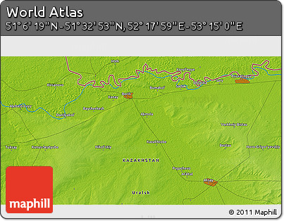Physical 3D Map of the Area around 51° 19' 36" N, 52° 46' 29" E