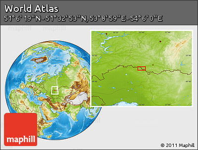 Physical Location Map of the Area around 51° 19' 36" N, 53° 37' 30" E