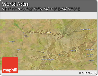 Satellite 3D Map of the Area around 51° 19' 36" N, 54° 28' 30" E