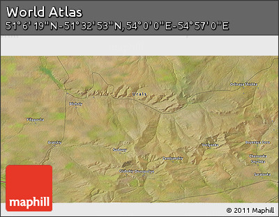 Satellite 3D Map of the Area around 51° 19' 36" N, 54° 28' 30" E